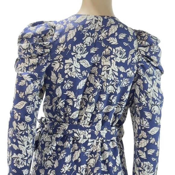 ASTR The LABEL Top Polyester Royal Blue Floral Attached Side Tie Wrap Puffed Gat - Picture 11 of 16